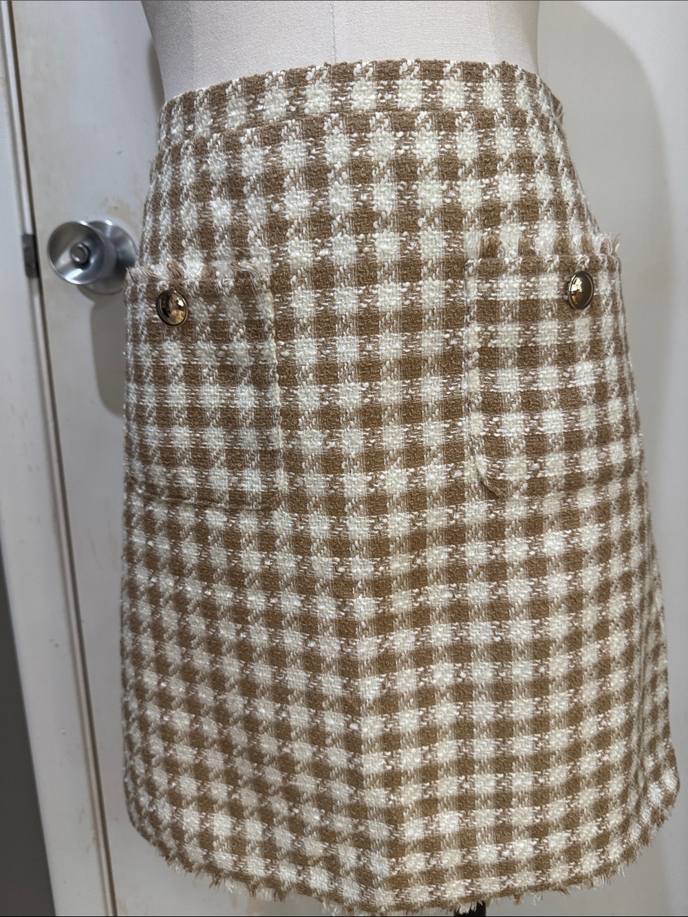 Plaid Textured A-Line Skirt in Beige and White
